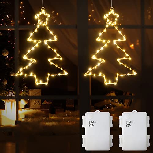 DreiWasser Beleuchtet Fensterdeko Weihnachtsbäume Batteriebetrieben 2 Stück 120 LED Weihnachtsbaum mit 1m Zuleitung und Timer für Fenster Beleuchtung Deko von DreiWasser