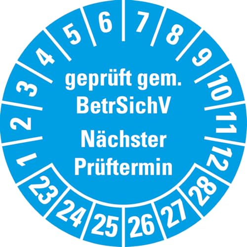 Dreifke® Aufkleber I Prüfplakette BetrSichV nächster Prüftermin, 23-28, hellblau, Dokumentenfolie, Ø30mm, 18 Stück von Dreifke