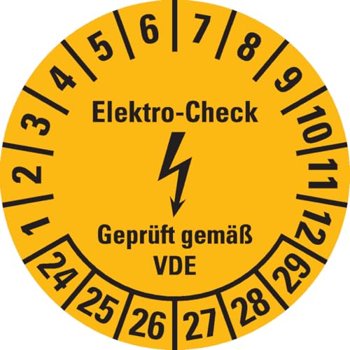 Dreifke® Aufkleber I Prüfplakette Elektro-Check, VDE, 24-29, gelb, Dokumentenfolie, Ø 30mm, 18 Stück von Dreifke