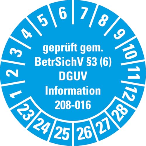 Dreifke® Aufkleber I Prüfplakette Geprüft gemäß BetrSichV §3(6) DGUV, 23-28, hellblau, Dokumentenfolie, Ø 30mm, 18 Stück, DGUV von Dreifke