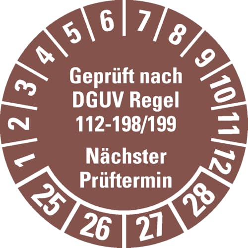 Dreifke® Aufkleber I Prüfplakette Geprüft nach DGUV 112-198/199 25-28, braun, Ø 30mm, 18 Stück von Dreifke