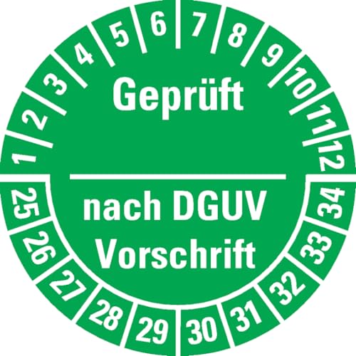 Dreifke® Aufkleber I Prüfplakette Geprüft nach DGUV Vorschrift 25-34, grün, Dokufolie, Ø 25mm, 21 Stück von Dreifke