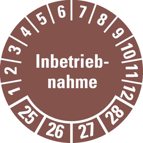 Dreifke® Aufkleber I Prüfplakette Inbetriebnahme 25-28, braun, Dokumentenfolie, Ø 30mm, 18 Stück von Dreifke