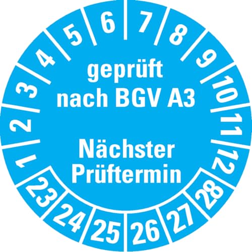 Dreifke® Aufkleber I Prüfplakette geprüft BGV A3 Nächster Prüftermin 22-27, hellblau, Dokumentenfolie, Ø30mm, 18 Stück von Dreifke