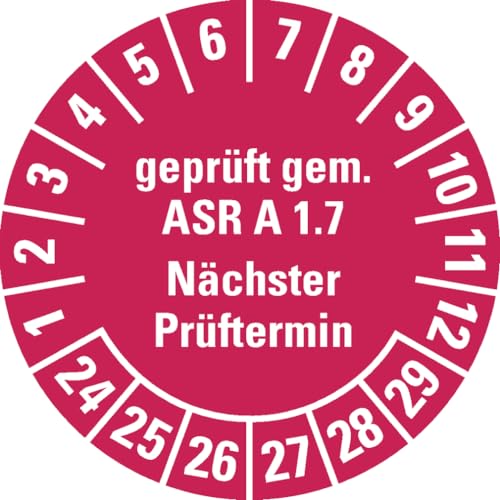 Dreifke® Aufkleber I Prüfplakette geprüft gemäß ASR A1.7, 24-29, rot, Dokumentenfolie, Ø30mm, 18 Stück von Dreifke