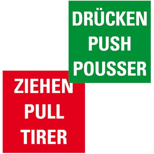 Dreifke® Aufkleber I Türhinweis Drücken/Ziehen, dreisprachig, grün/rot, Folie, selbstklebend, 80x80mm von Dreifke