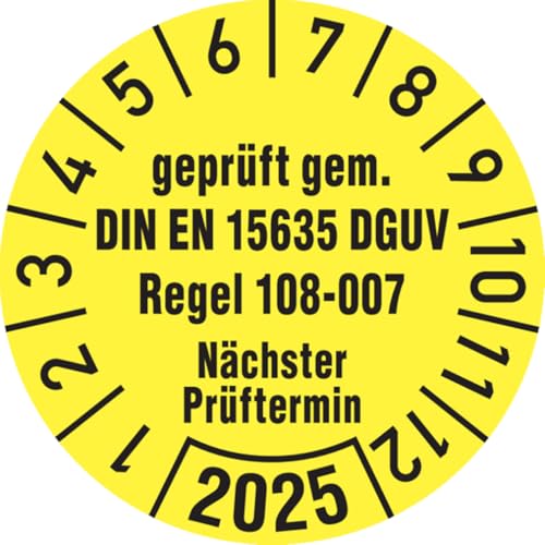 Dreifke® Aufkleber Jahresprüfplakette, geprüft gem. DIN EN 15635/DGUV Regel 108-007, Folie, Ø 30mm - Bogen = 10 Stk., Folie selbstklebend 10 Stk. von Dreifke