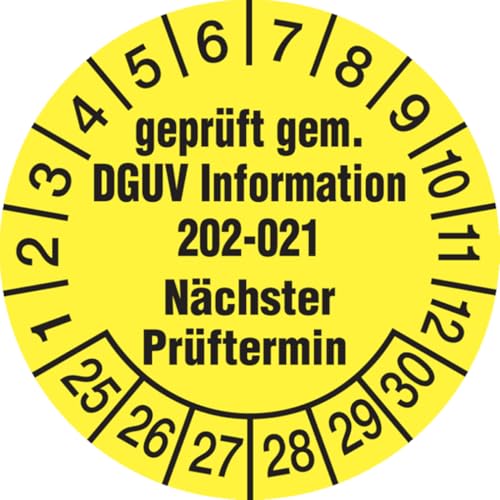 Dreifke® Aufkleber Prüfplakette, DGUV Information 202-021 Nächster Prüftermin, gelb/schwarz, Ø 30mm - Bogen = 10 Stk., Folie selbstklebend 10 Stk. von Dreifke