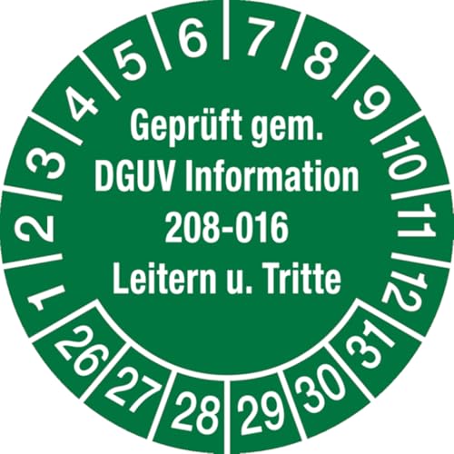 Dreifke® Aufkleber Prüfplakette, DGUV Information 208-016 Leitern und Tritte, grün/weiß, Ø 30 mm - Bogen = 10 Plaketten, Folie selbstklebend 10 Stk. von Dreifke