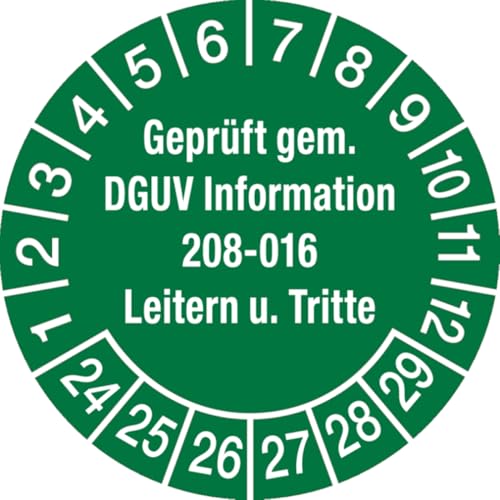 Dreifke® Aufkleber Prüfplakette, DGUV Information 208-016 Leitern und Tritte, grün/weiß, Ø 30 mm - Bogen = 10 Plaketten, Folie selbstklebend 10 Stk. von Dreifke