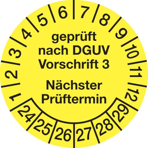 Dreifke® Aufkleber Prüfplakette, DGUV Vorschrift 3 Nächster Prüftermin, Jahresfarben, Ø20mm, Folie - Bogen = 10 Stück, Folie selbstklebend 10 Stk. von Dreifke