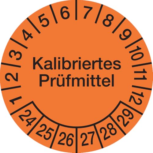 Dreifke® Aufkleber Prüfplakette, Kalibriertes Prüfmittel, Orange/Schwarz, Folie, Ø 30´mm - Bogen = 10 Plaketten, Folie selbstklebend 10 Stk. von Dreifke