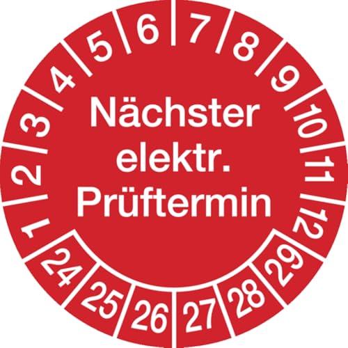 Dreifke® Aufkleber Prüfplakette, Nächster elektr. Prüftermin, rot/weiß, Folie, Ø 30 mm - Bogen = 10 Plaketten, Folie selbstklebend 10 Stk. von Dreifke