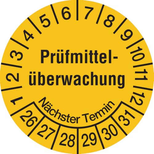 Dreifke® Aufkleber Prüfplakette, Prüfmittelüberwachung Nächster Termin, gelb/schwarz, Folie, Ø 20mm - Bogen = 10 Stk., Folie selbstklebend 10 Stk. von Dreifke