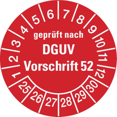 Dreifke® Aufkleber Prüfplakette, geprüft nach DGUV Vorschrift 52, rot/weiß, Folie, Ø 30 mm - Bogen = 10 Plaketten, Folie selbstklebend 10 Stk. von Dreifke