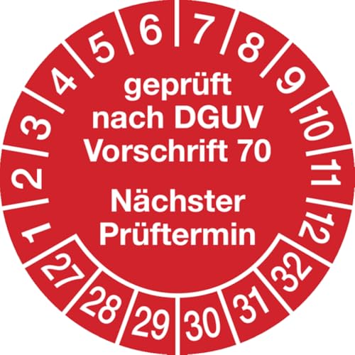 Dreifke® Aufkleber Prüfplaketten, DGUV Vorschrift 70 Nächster Prüftermin, rot/weiß, Folie, Ø 30 mm - Bogen = 10 Stk., Folie selbstklebend 10 Stk. von Dreifke