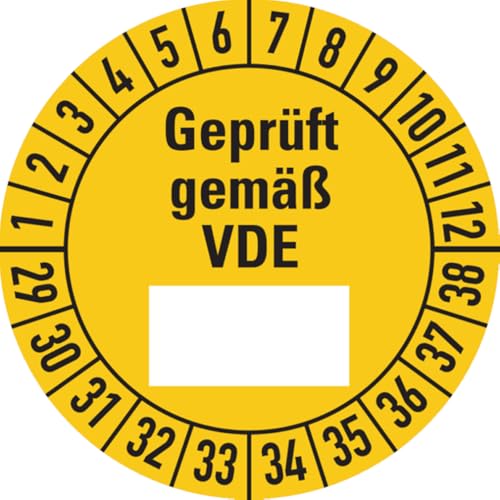 Dreifke® Etikett Geprüft gemäß VDE ab 29, gelb/schwarz - 30 mm Folie selbstklebend | 10 Stk von Dreifke