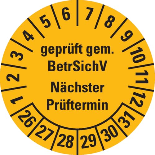 Dreifke® Prüfplakette BetrSichV nächster Prüftermin, 26-31, gelb, Dokufolie, Ø30mm, 18 Stück von Dreifke