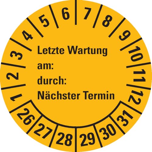 Dreifke® Prüfplakette Letzte Wart., am, durch, Nächste Prüf.26-31, gelb, Dokufolie, Ø30mm, 18 Stück von Dreifke