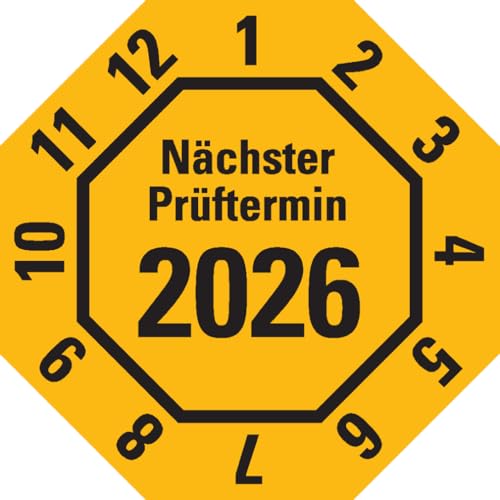 Dreifke® Prüfplakette Nächster Prüftermin 2026, 8-eckig, gelb, Dokufolie, 30x30mm, 18 Stück von Dreifke