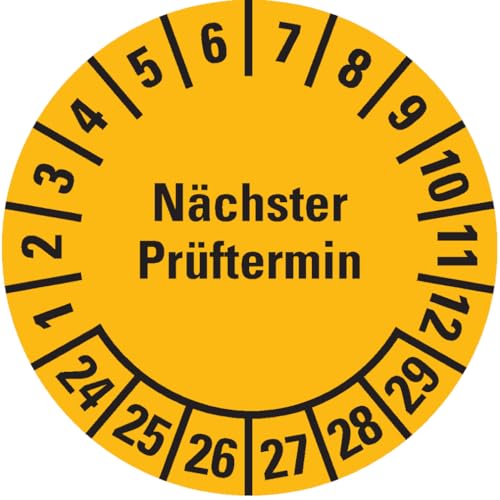 Dreifke® Prüfplakette Nächster Prüftermin 24-29, gelb, Folie, ablösbar, Ø 35mm, 10 Stück von Dreifke