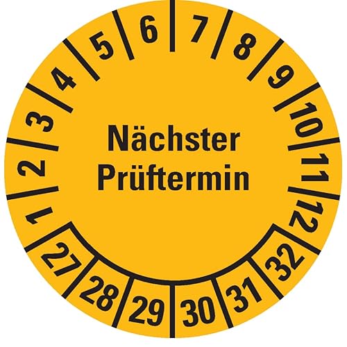 Dreifke® Prüfplakette Nächster Prüftermin 27-32, gelb, Dokumentenfolie, Ø 25mm, 21 St/Bogen von Dreifke