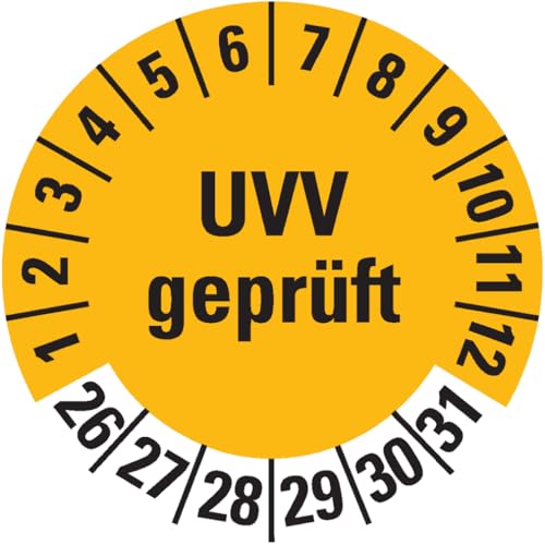 Dreifke® Prüfplakette UVV geprüft 26-31, gelb, Dokumentenfolie, selbstkl., Ø30mm, 18 Stück von Dreifke