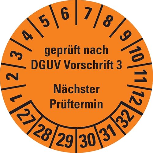 Dreifke® Prüfplakette gepr.n.DGUV Vorschrift 3 NP,27-32,orange,Folie,ablösbar,Ø 25mm,21 St/Bogen von Dreifke