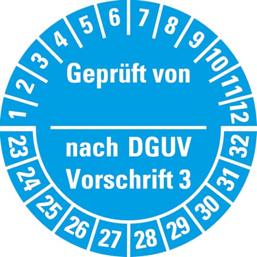 Dreifke® Prüfplakette geprüft DGUV Vorschrift 3, 23-32, hellblau, Folie, ablösbar, Ø 25mm, 21 Stück, DGUV von Dreifke