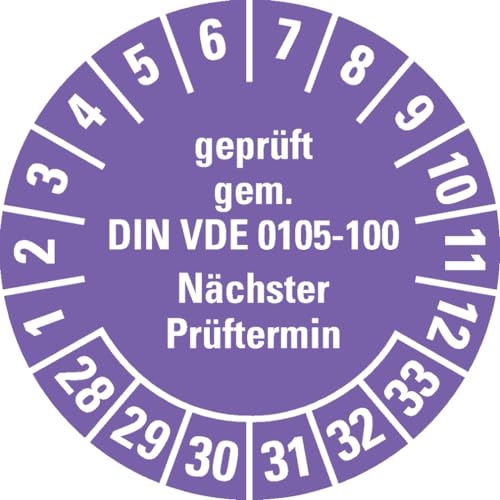 Dreifke® Prüfplakette geprüft gem. VDE 0105-100, 28-33, violett, Dokumentenfolie, Ø 30mm, 18 Stk. von Dreifke