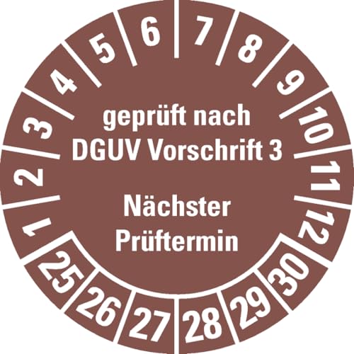 Dreifke® Prüfplakette geprüft nach DGUV Vorschrift 3 Nächster Prüftermin, 25-30, braun, Folie, ablösbar, Ø 25mm, 21 Stück von Dreifke