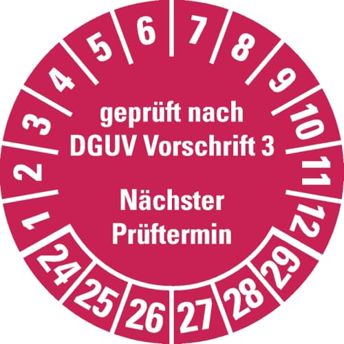 Dreifke® Prüfplakette geprüft nach DGUV Vorschrift 3 Nächster Prüftermin 24-29, rot, Dokumentenfolie, Ø25mm, 500/Rolle von Dreifke