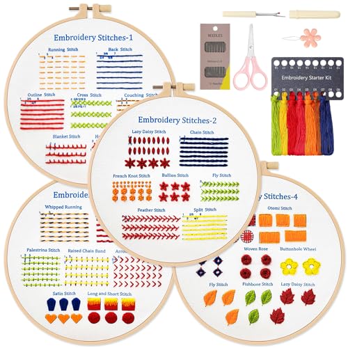 Dremisland Stickset für Anfänger 4 Stück Erwachsene Stickerei Set Stickstich Übungsset, 29 Verschiedene Stiche Set mit Stickerei-Stoff Stickrahmen Garn Werkzeug DIY Set für Erwachsene Kinder von Dremisland