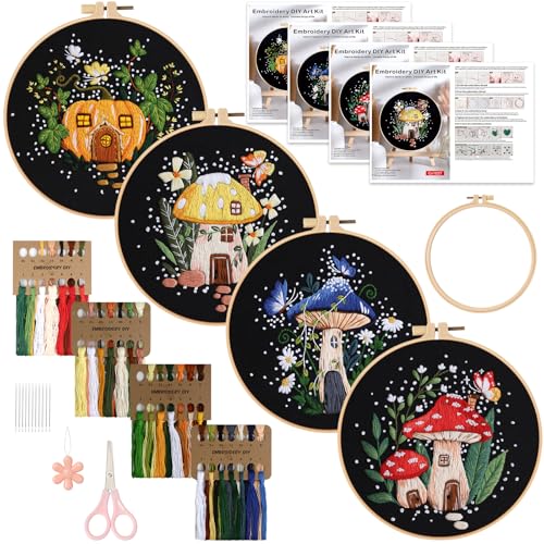 Dremisland 4 Stück Pilz Stickset Kit für Anfänger Hand DIY Pilz-Schneehaus Sticken Set Erwachsene Kreuzstich Stick Set Starter Embroidery Kit mit Stickrahmen Farbfäden und Werkzeuge von Dremisland