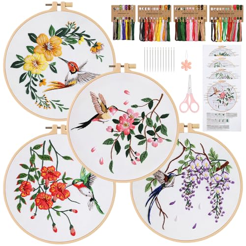 Dremisland 4 Stück Stickset für Anfänger Kolibri Blumenmuster Pflanzen Stickerei Set Erwachsene DIY Kreuzstich Set Embroidery Starter Kits mit Stickrahmen Farbfäden und Werkzeuge von Dremisland