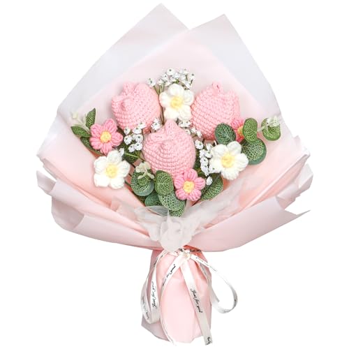 Dremisland Kunstblumen Häkeln Tulpen Blumenstrauß Kunstblumen Bouquet Häkelblumen Gestrickte Gehäkelte Fake Blumen Tulpe Pflanzen Weiche Strick Tulpe Geschenk für Muttertag Freunde Familie (1, Rosa) von Dremisland