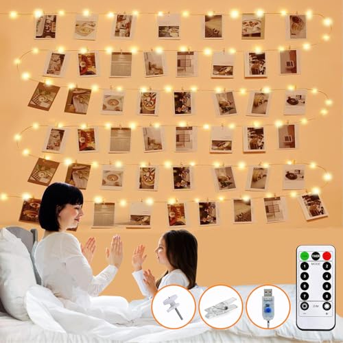 Drezesov 10M 100 LEDs Fotoclips Lichterkette mit Fernbedienung, USB Lichterkette Warmweiß 8 Blinkende Modi mit 50 Klammern und 20 Haken an der Wand für Bilder,Zimmer, Party Dekoration, Weihnachten von Drezesov