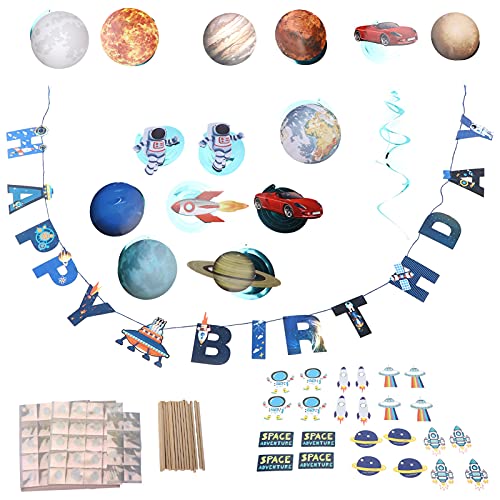 DriKou Bandera de Cumpleaños Espacial, Traje de Banner en Espiral de Planeta Astronauta Decoraciones de Fiesta de Cumpleaños Espaciales para Niños para Decoraciones de Fiesta von DriKou