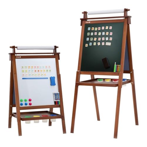 Dripex Kinder Kunst Staffelei mit Papierrolle doppelseitige Tafel und Magnetic Board für Kinder Malen Upgrade Whiteboard Kreidetafel(Walnussfarbe) von Dripex