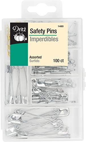 Dritz 1480 Assorted Safety Pins with Storage Box Sicherheitsnadeln mit Aufbewahrungsbox aus Kunststoff, sortiert, 100 Stück, Vernickelter Stahl und Messing, Verschiedene Größen von Dritz