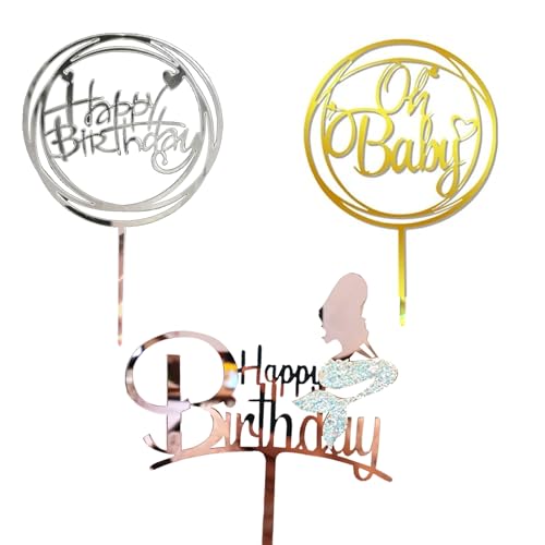 Happy Birthday Tortendeko, Cake Topper Geburtstag, Oh Bbay Acryl Tortendeko Geburtstag, Happy Birthday Tortendeko Geburtstag, Cupcake Topper (Gold, Roségold, Silber) von Drookaen