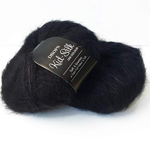 Mohair und Seide Garn Drops Kid-Seide, 0 oder Spitze, 2-lagig, 25,5 g 230 Meter pro Knäuel (02 Schwarz) von Drops