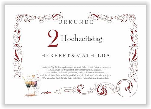 2. Hochzeitstag Baumwollhochzeit Deko Urkunde personalisiert Hochzeitstag Ehejubiläum persönliches Geschenk Glückwunsch für Paare Baumwollene Hochzeit von Druck-Geschenk