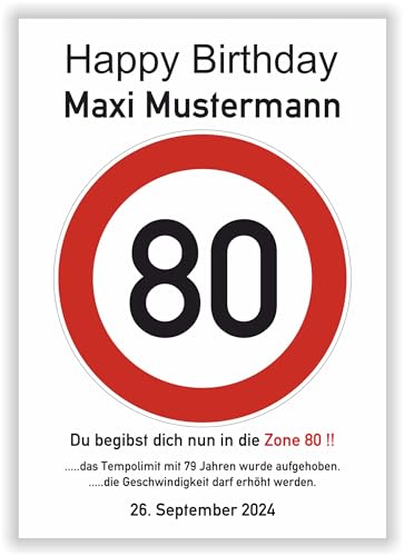 Geschenk 80 Geburtstag Mann Frau persönliche Geschenkidee lustiges Geburtstagsgeschenk - Happy Birthday - 80 Jahre Verkehrszeichen Party Deko personalisiertes Bild von Druck-Geschenk