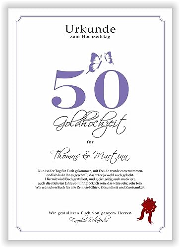 Geschenk zum 50. Hochzeitstag Goldhochzeit Deko Urkunde 50 Jahre verheiratet Goldene Hochzeit Ehejubiläum Karte Geschenkidee 50 Jahrestag personalisiert mit Namen Glückwunsch Paar von Druck-Geschenk