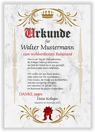 Urkunde Rente personalisiertes Geschenk zum Ruhestand dem Abschied aus dem Berufsleben Geschenkidee der Kollegen oder der Firma zur Verabschiedung des Mitarbeiters Marmor Papier DIN A4 Grau von Druck-Geschenk