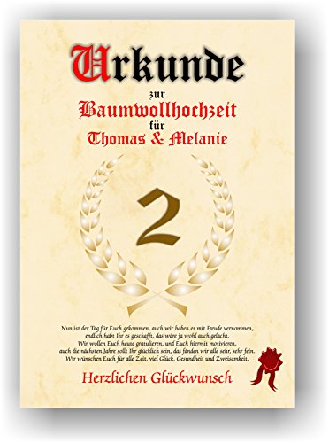 Urkunde zum 2. Hochzeitstag Baumwollhochzeit Geschenkurkunde Baumwoll Hochzeit 2 jahre verheiratet personalisiertes Geschenk Urkunde Partner Paar Mann Frau DIN A4 von Druck-Geschenk