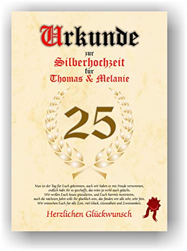 Urkunde zum 25. Hochzeitstag - Silderhochzeit - Geschenkurkunde Silberne Hochzeit personalisiertes Geschenk Karte zum Ehrentag XXL DIN A4 von Druck-Geschenk