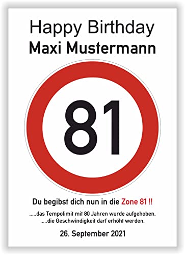 persönliches Geschenk 81 Geburtstag Geschenkidee Oma Opa lustiges Geburtstagsgeschenk - Happy Birthday - 81 Jahre Verkehrszeichen Party Deko personalisiertes Bild von Druck-Geschenk