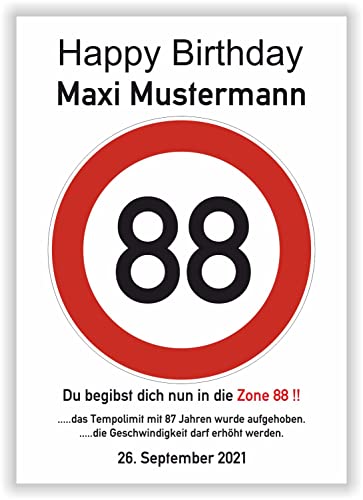 persönliches Geschenk 88 Geburtstag Geschenkidee Oma Opa lustiges Geburtstagsgeschenk - Happy Birthday - 88 Jahre Verkehrszeichen Party Deko personalisiertes Bild von Druck-Geschenk